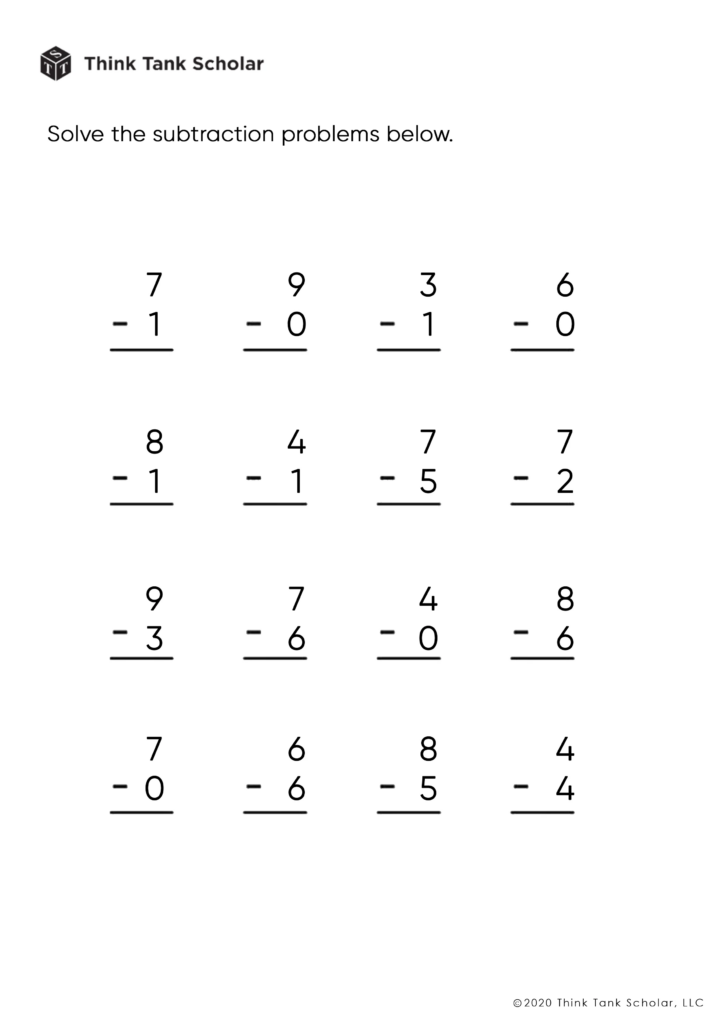 Subtraction worksheet with single-digit problems
