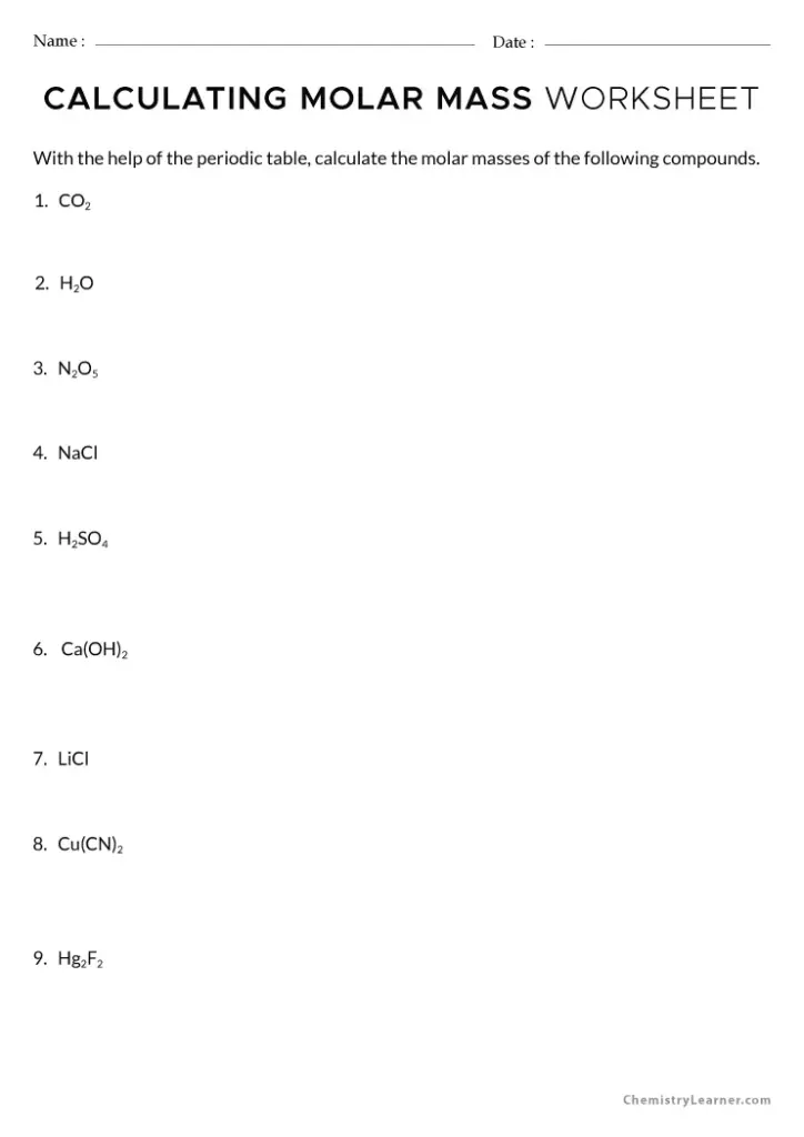 Chemistry worksheet listing compounds for molar mass calculations