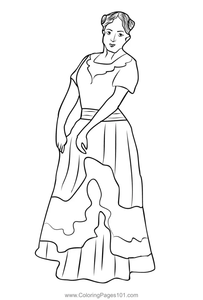 Line drawing of woman in long dress on white background