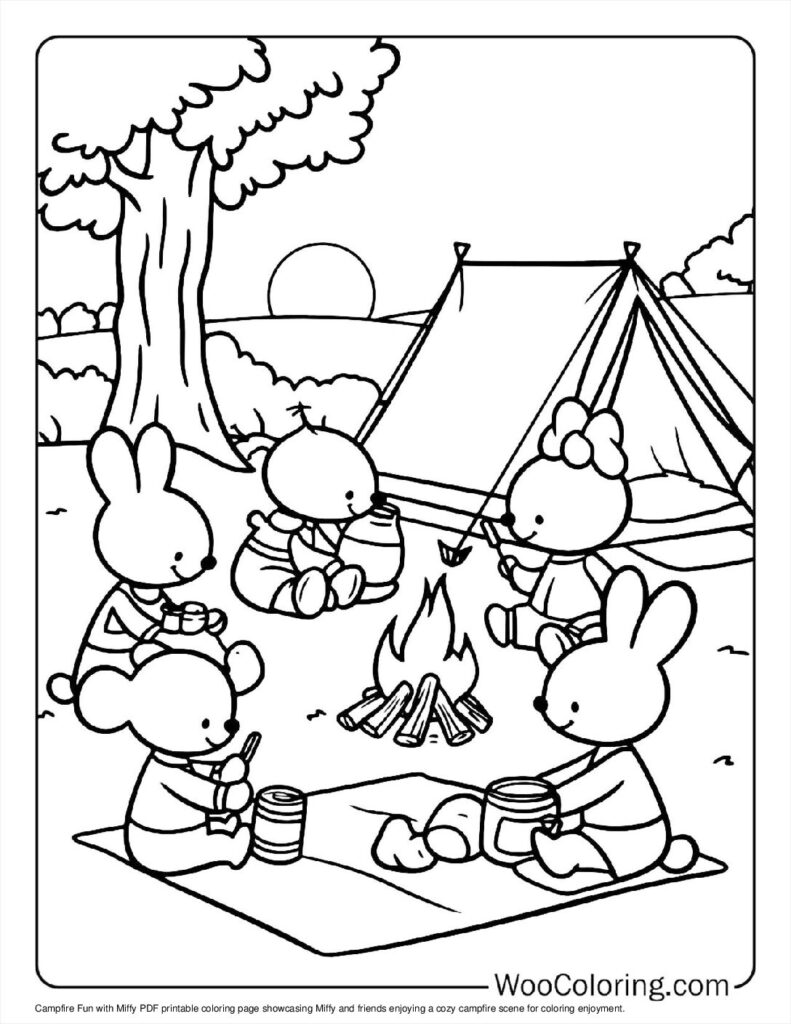 Cartoon rabbits camping around a campfire near a tent