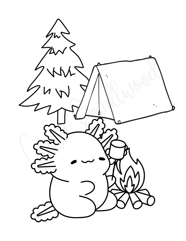 Axolotl camping beside tent, tree, and campfire