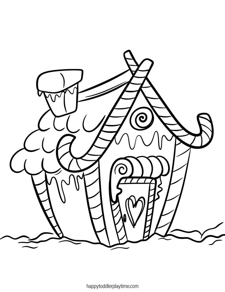 Candy house coloring page with striped candy canes and heart door