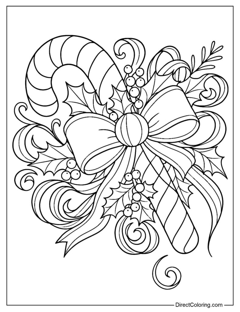 Candy cane and bow holiday coloring page