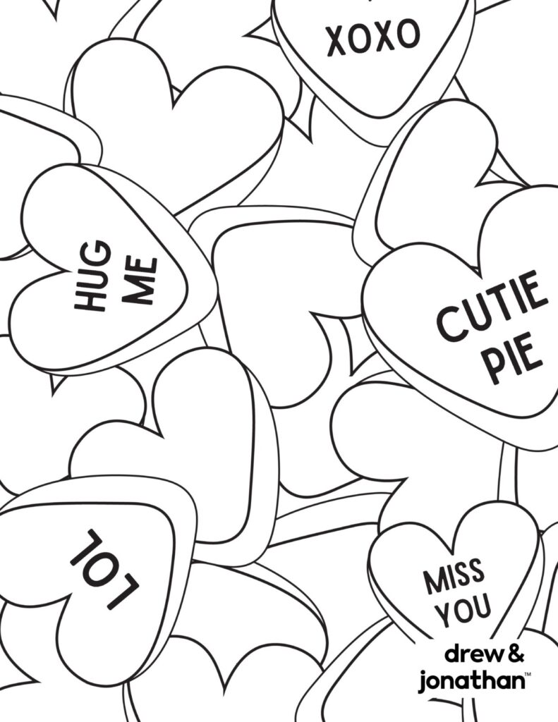Black-and-white coloring page of overlapping candy hearts with words