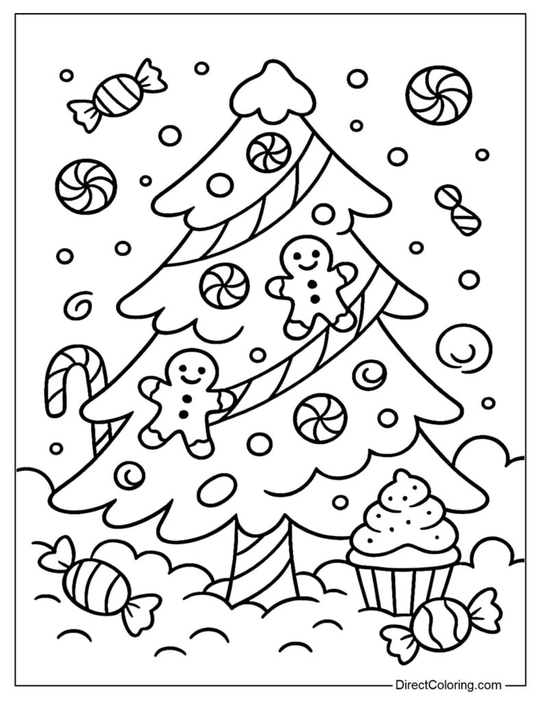 Christmas tree with candy, gingerbread, and cupcake