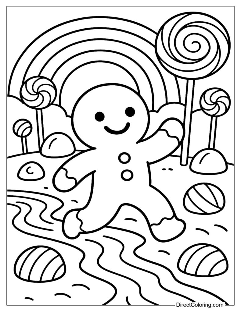 Gingerbread man in candy land with rainbow
