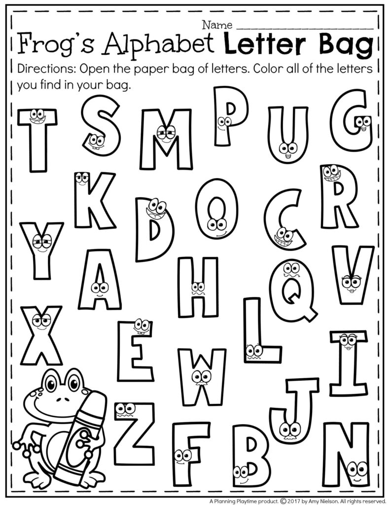 Black-and-white frog alphabet letter bag worksheet with cartoon letters