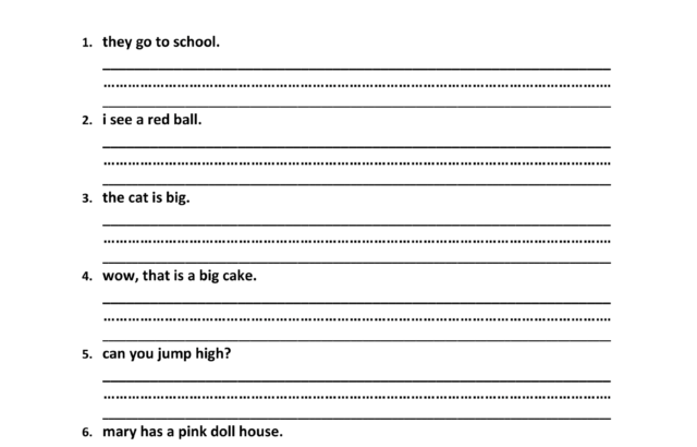 Capitalization kindergarten writing worksheet with numbered sentences
