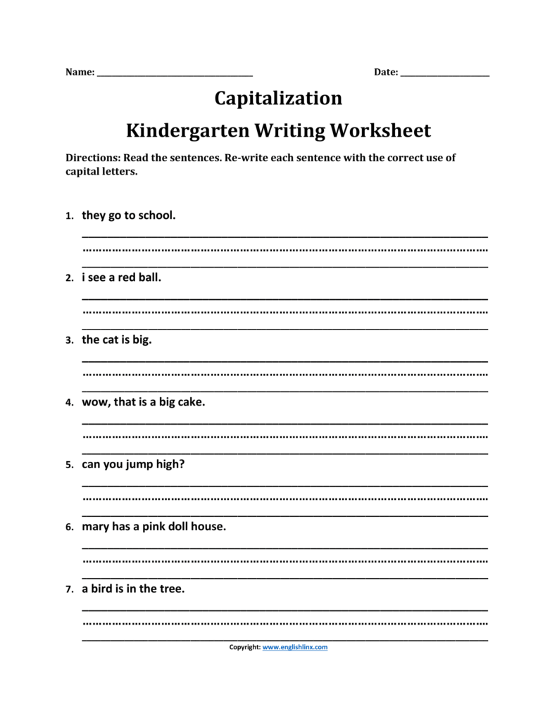 Capitalization kindergarten writing worksheet with numbered sentences