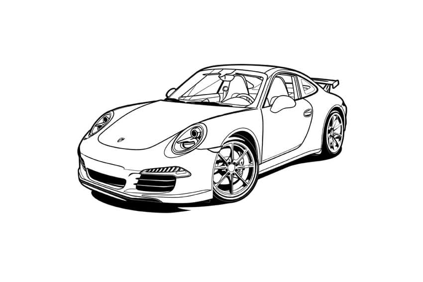 Black-and-white line drawing of a sports car