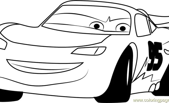 Cartoon race car coloring page with smiling face