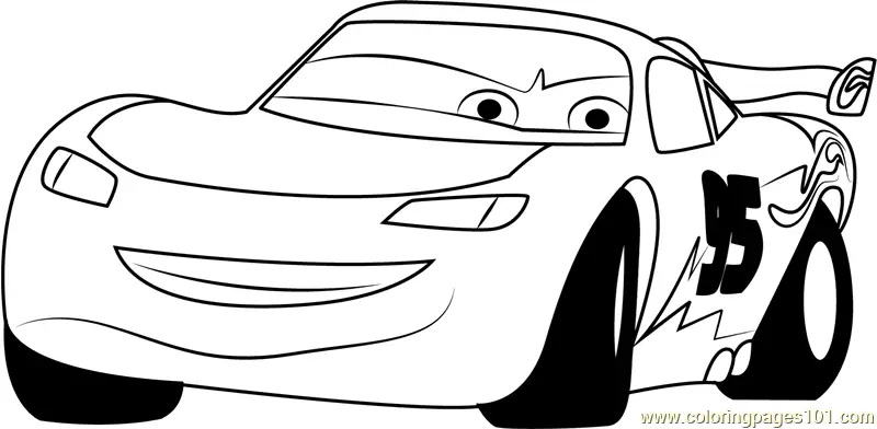 Cartoon race car coloring page with smiling face