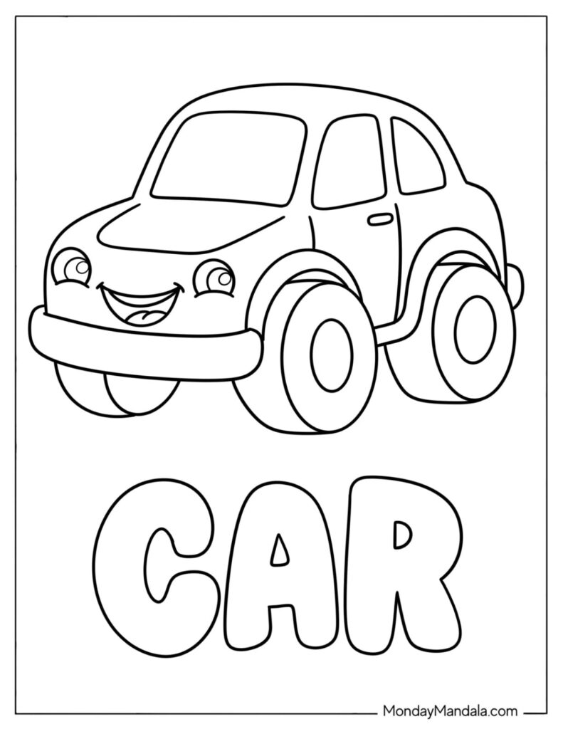 Cartoon car above the word CAR on white page