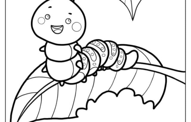 Cartoon caterpillar on a leaf with other leaves around it