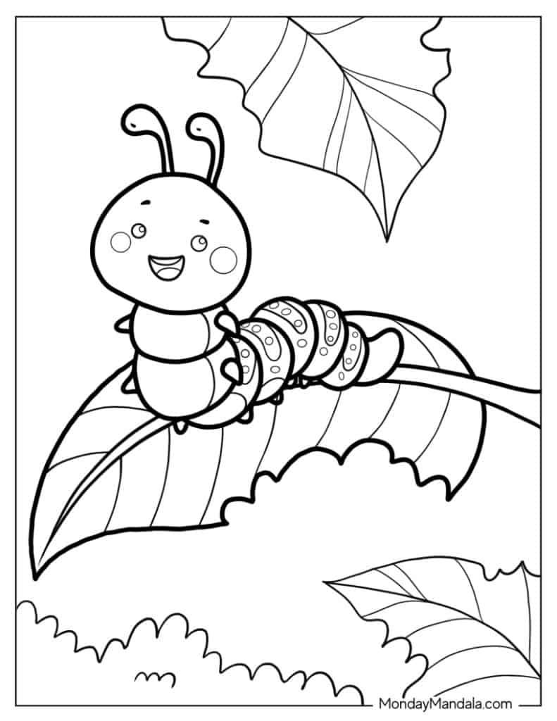Cartoon caterpillar on a leaf with other leaves around it