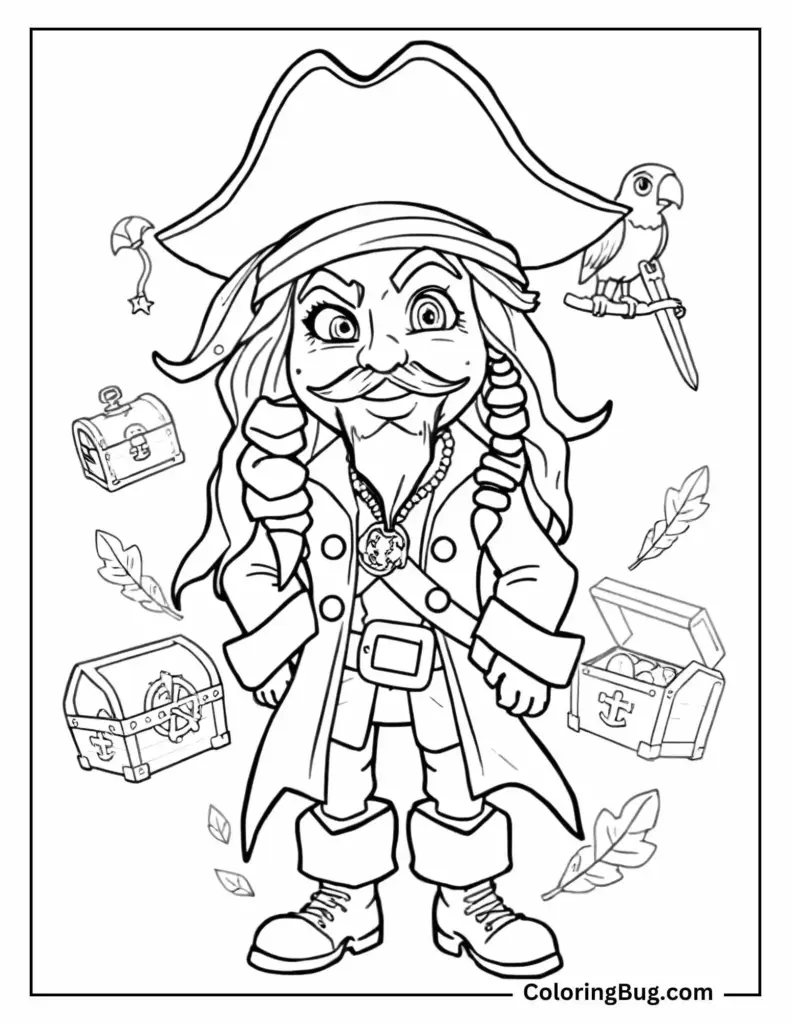 Pirate cartoon with hat, parrot, treasure chests, feathers