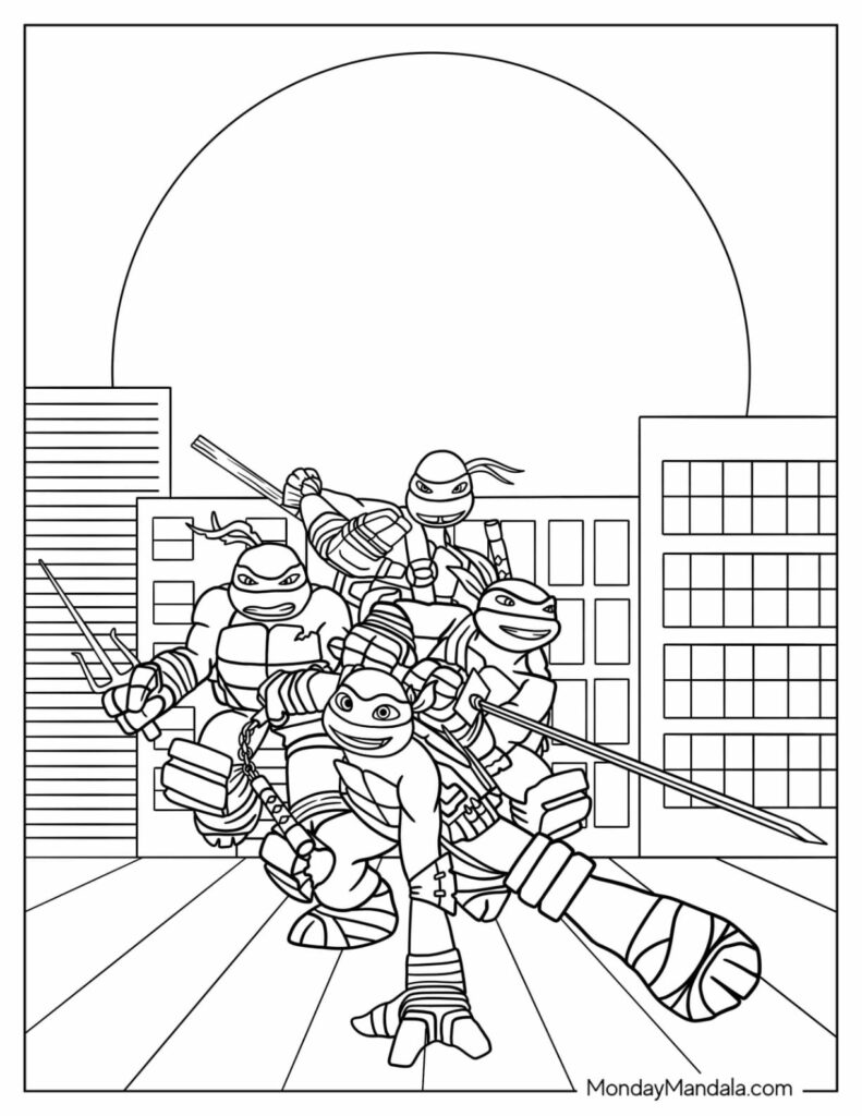 Teenage Ninja Turtles in city rooftop scene