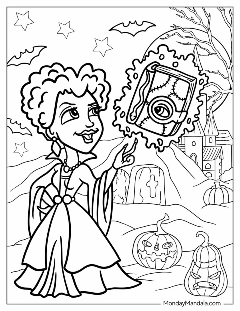 Halloween coloring page with woman, bats, pumpkins, castle