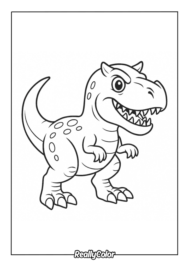 Cartoon dinosaur coloring page with smiling T-rex outline
