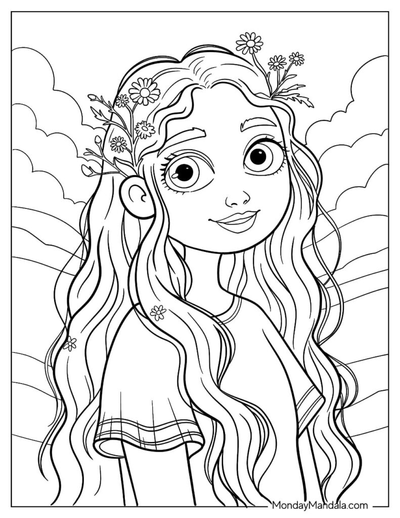 Line art girl with flowers in long hair