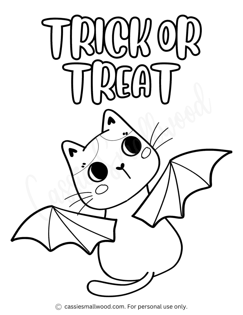 Cartoon cat with bat wings and trick-or-treat text