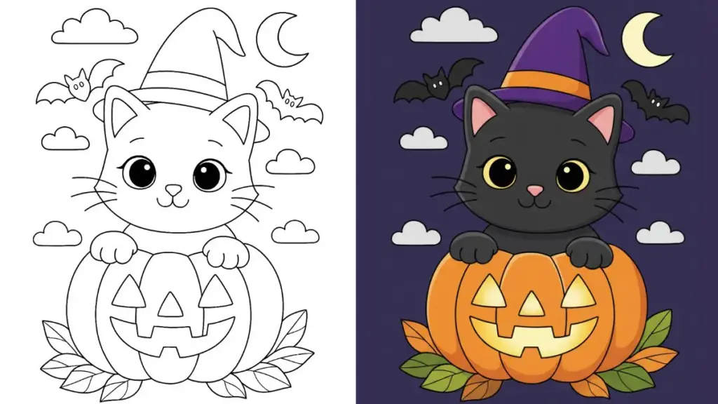 Coloring page and colored cat on pumpkin side by side