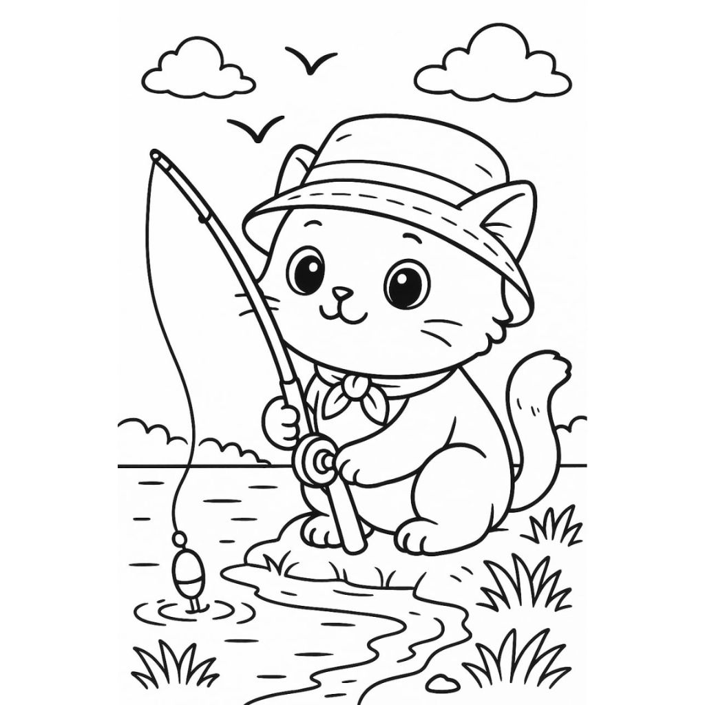 Cartoon kitten fishing by a lakeside