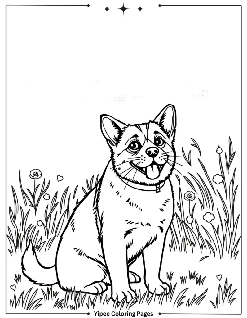 Cartoon dog sitting in grass, coloring page