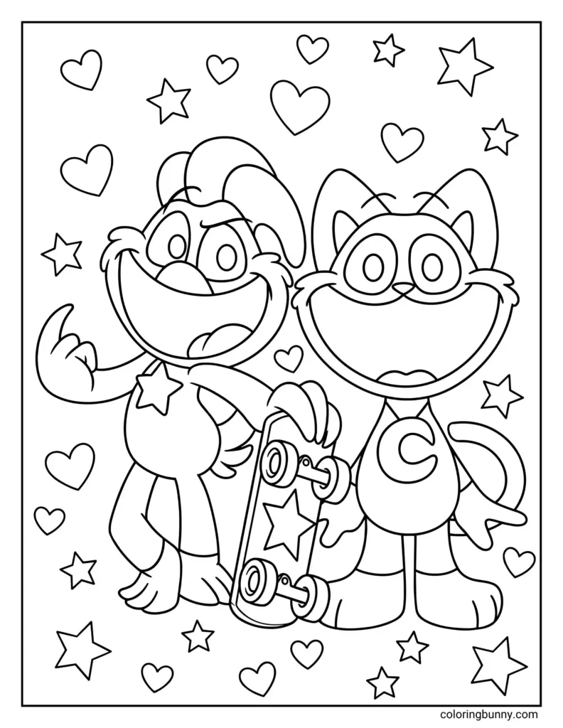Black-and-white cartoon cats with skateboard and hearts, stars background