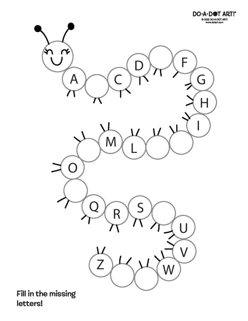 Alphabet caterpillar worksheet with missing letter circles