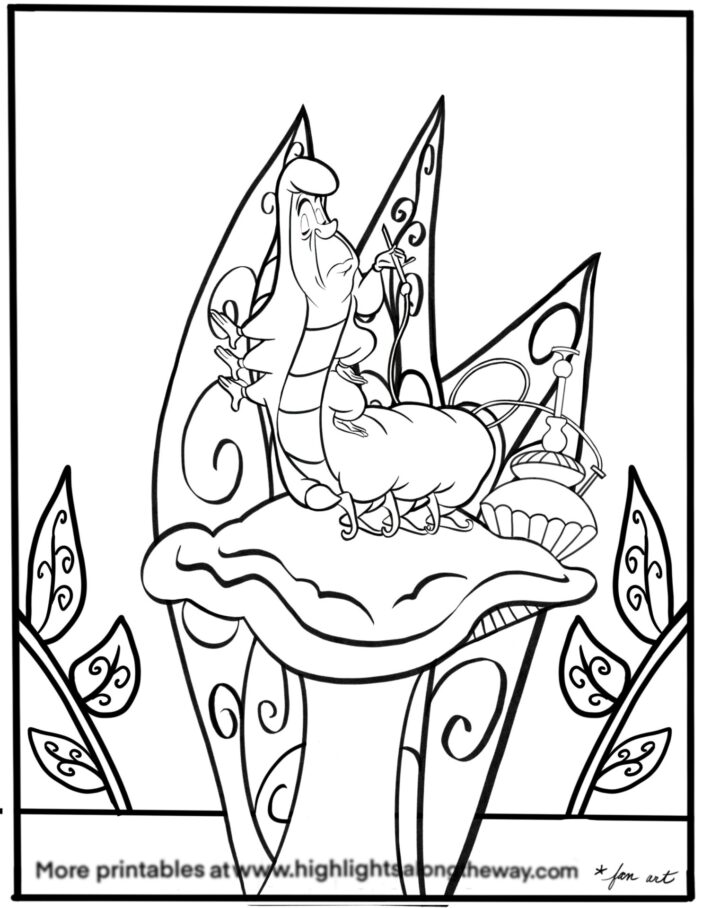 Black-and-white cartoon of a caterpillar on a mushroom