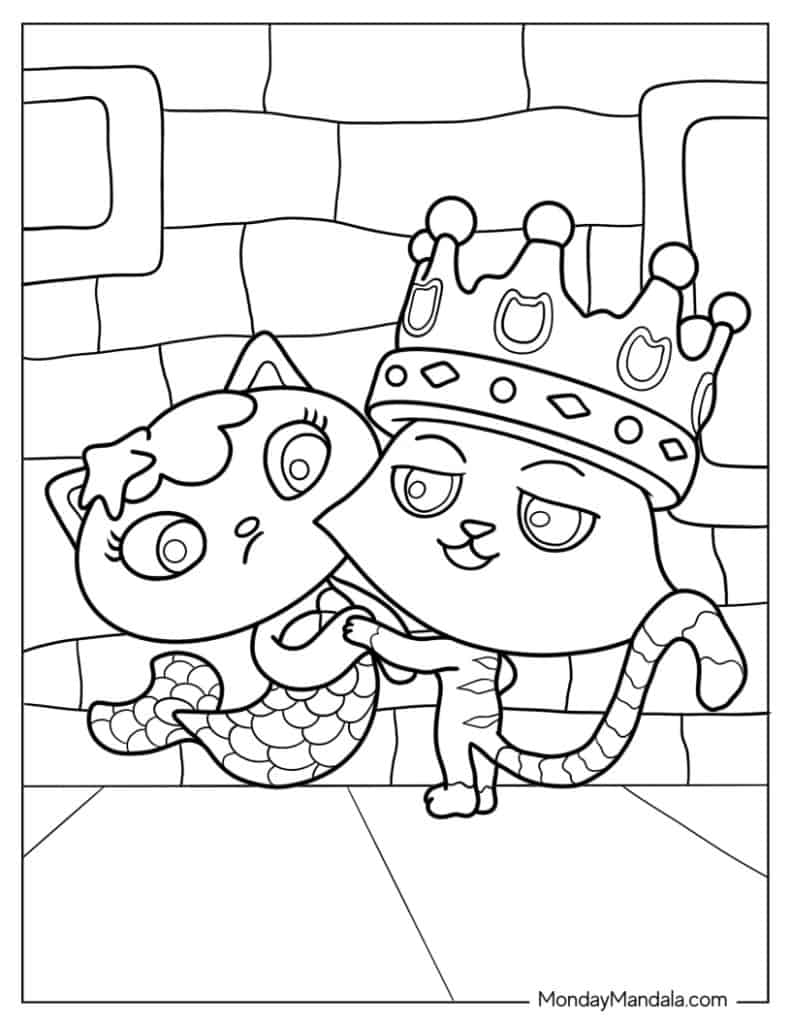 Cartoon cats wearing crown in brick room