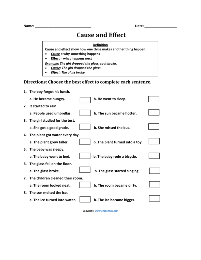 Cause and effect worksheet with multiple-choice questions
