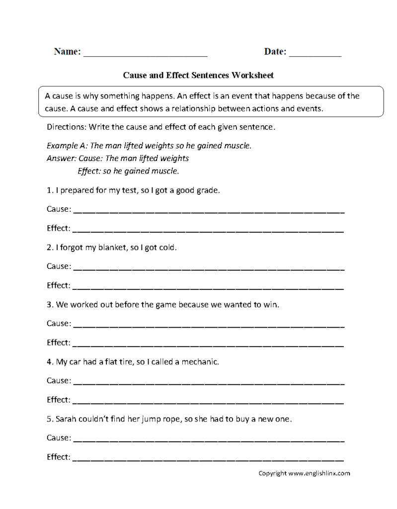 Cause and effect sentences worksheet with blanks