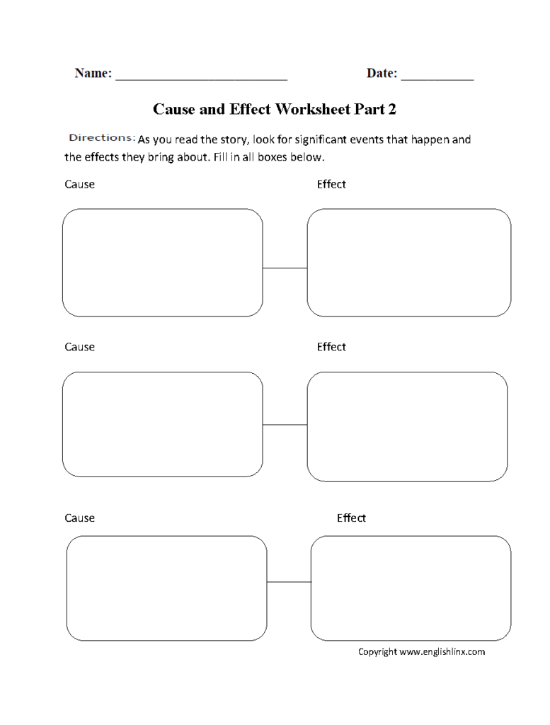 Cause and Effect Worksheet with blank boxes and headings