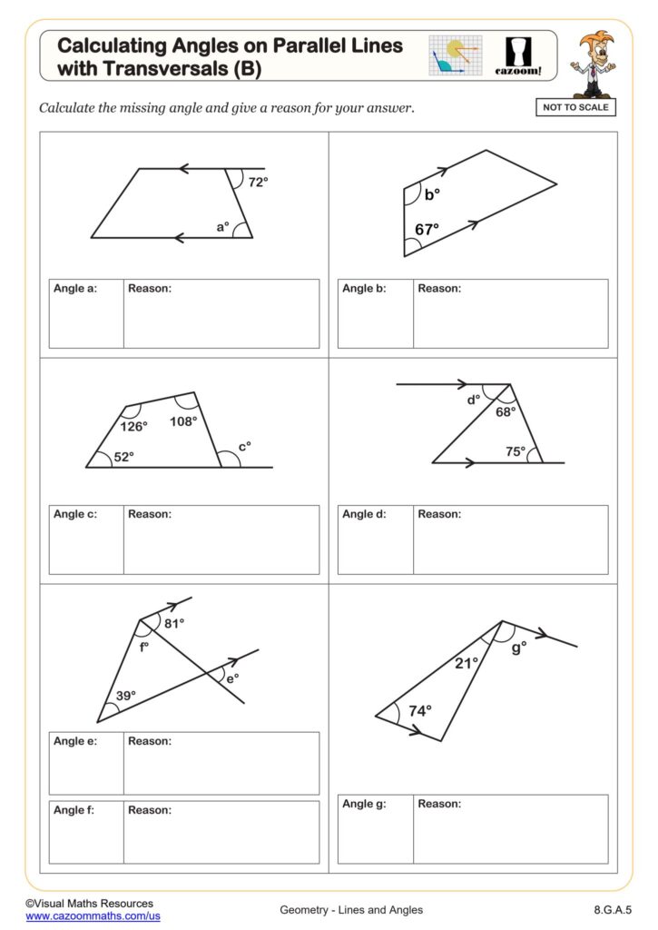 Geometry worksheet with six angle problems on parallel lines