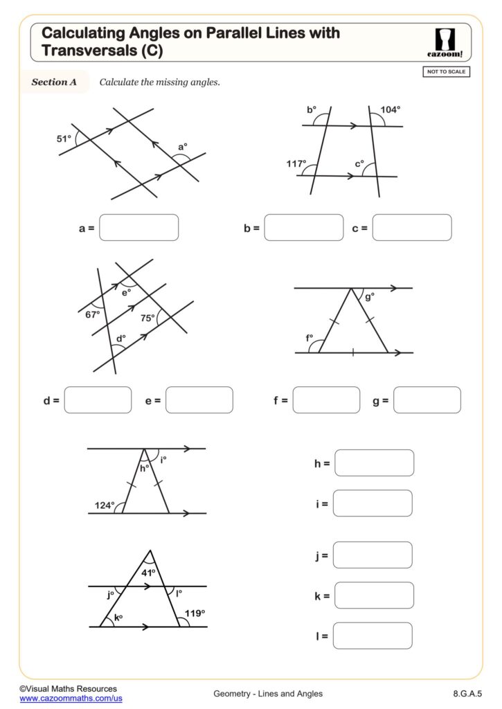 Geometry worksheet with parallel lines and angle diagrams