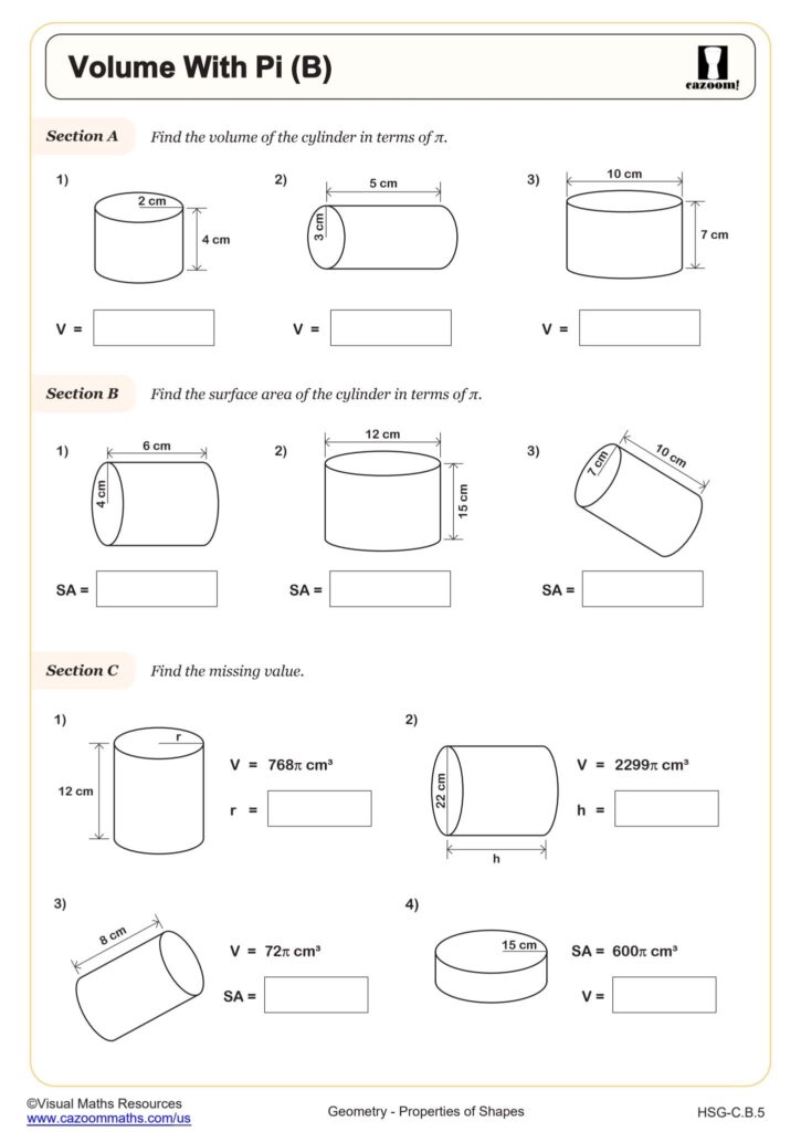 Cylinder volume and surface area worksheet with diagrams