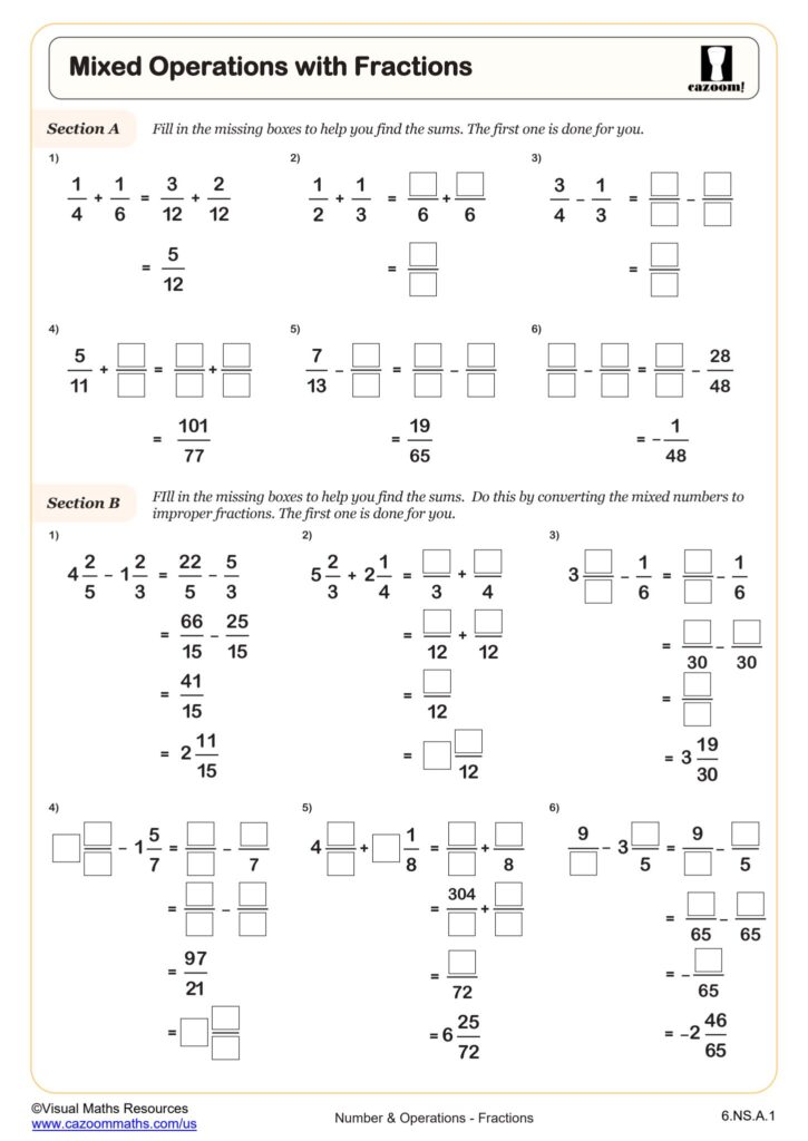 Mixed operations fractions worksheet with blank boxes