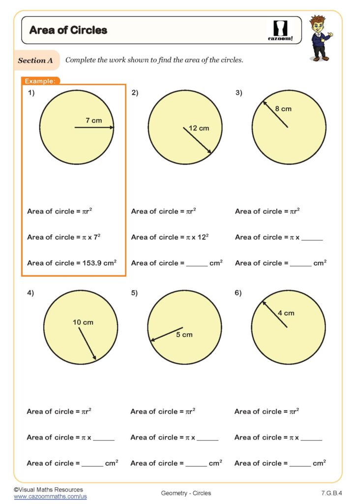 Circle area worksheet with six labeled circle diagrams
