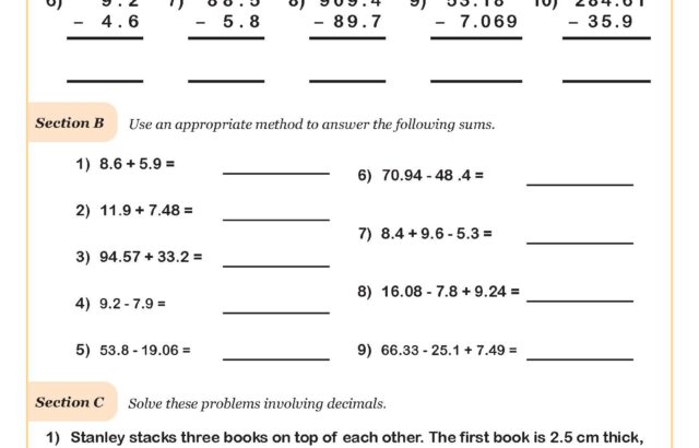 Decimal math worksheet with addition and subtraction problems
