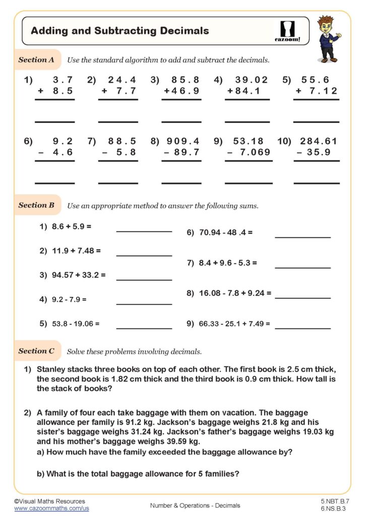 Decimal math worksheet with addition and subtraction problems