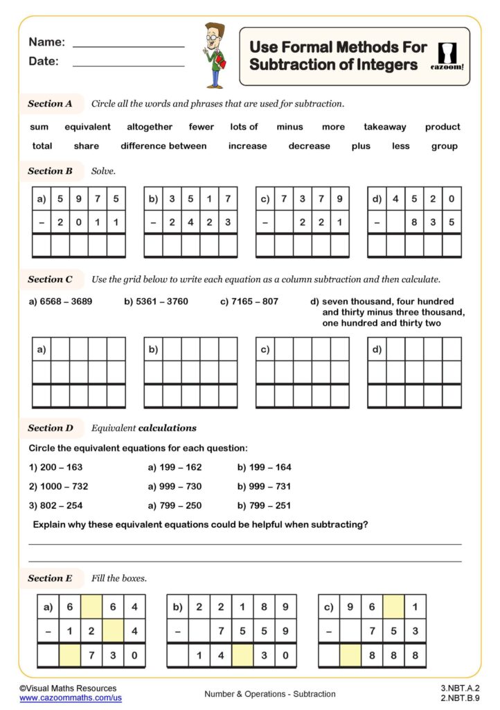 Math subtraction worksheet with sections and number grids