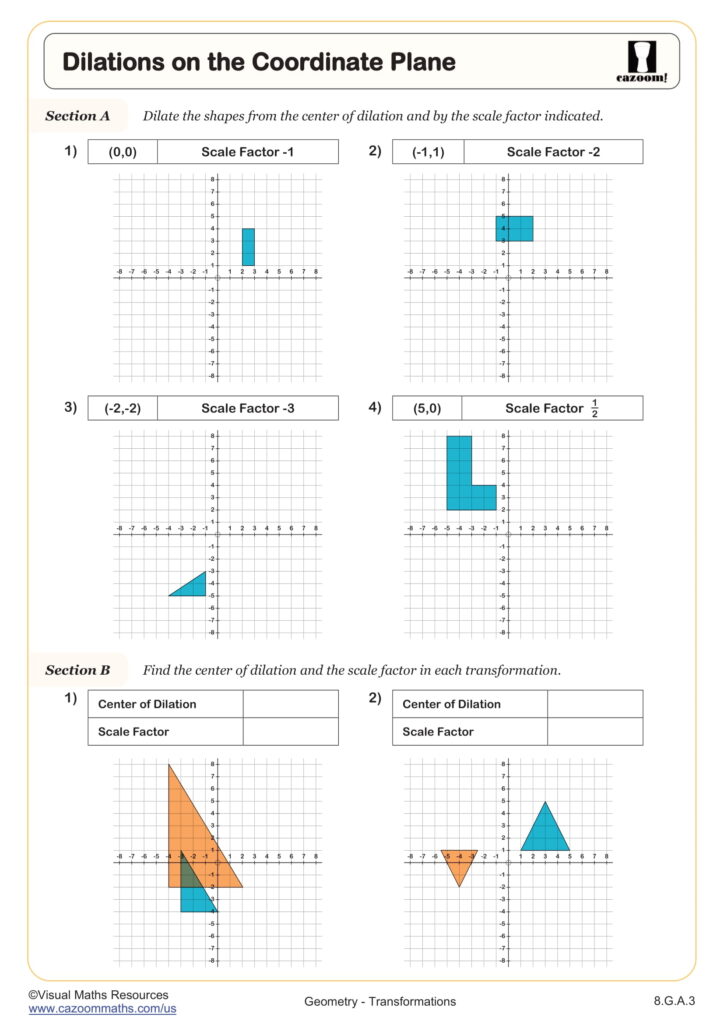 Geometry worksheet showing dilations on coordinate planes