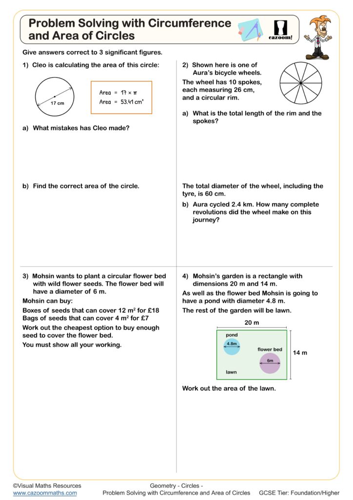 Circle circumference and area math worksheet with diagrams and questions