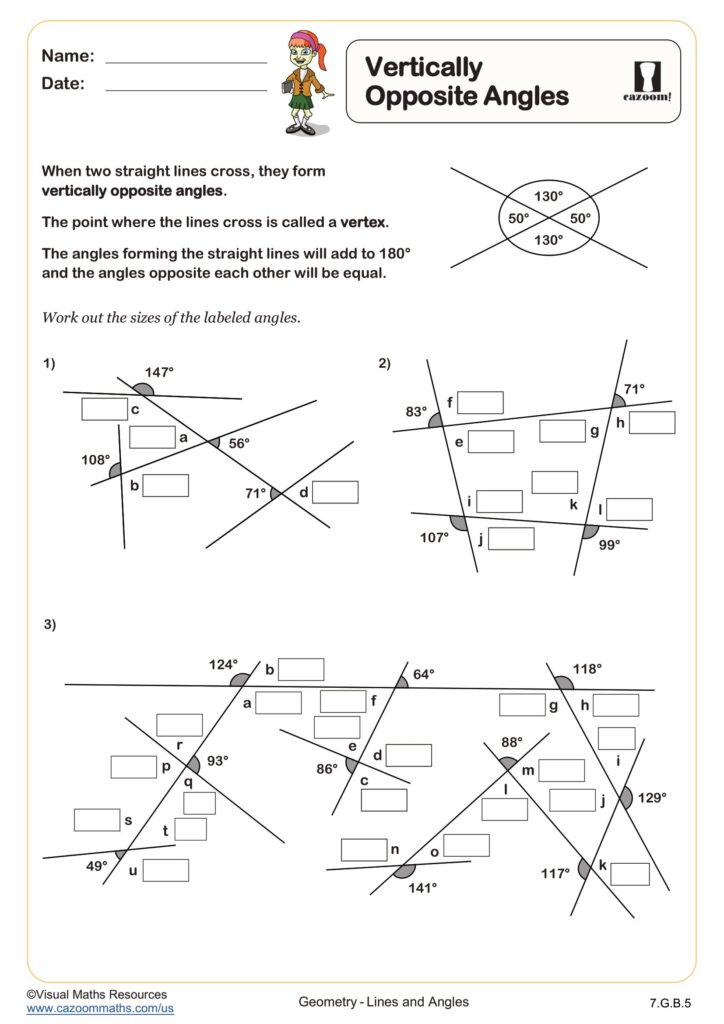 Geometry worksheet on vertically opposite angles