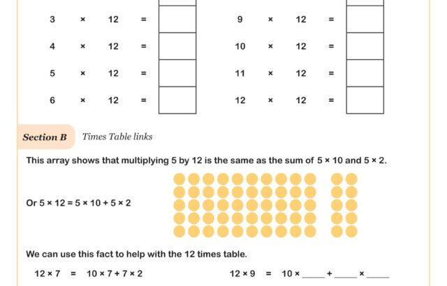 Math worksheet on the twelve times table with blanks, dots, and equations