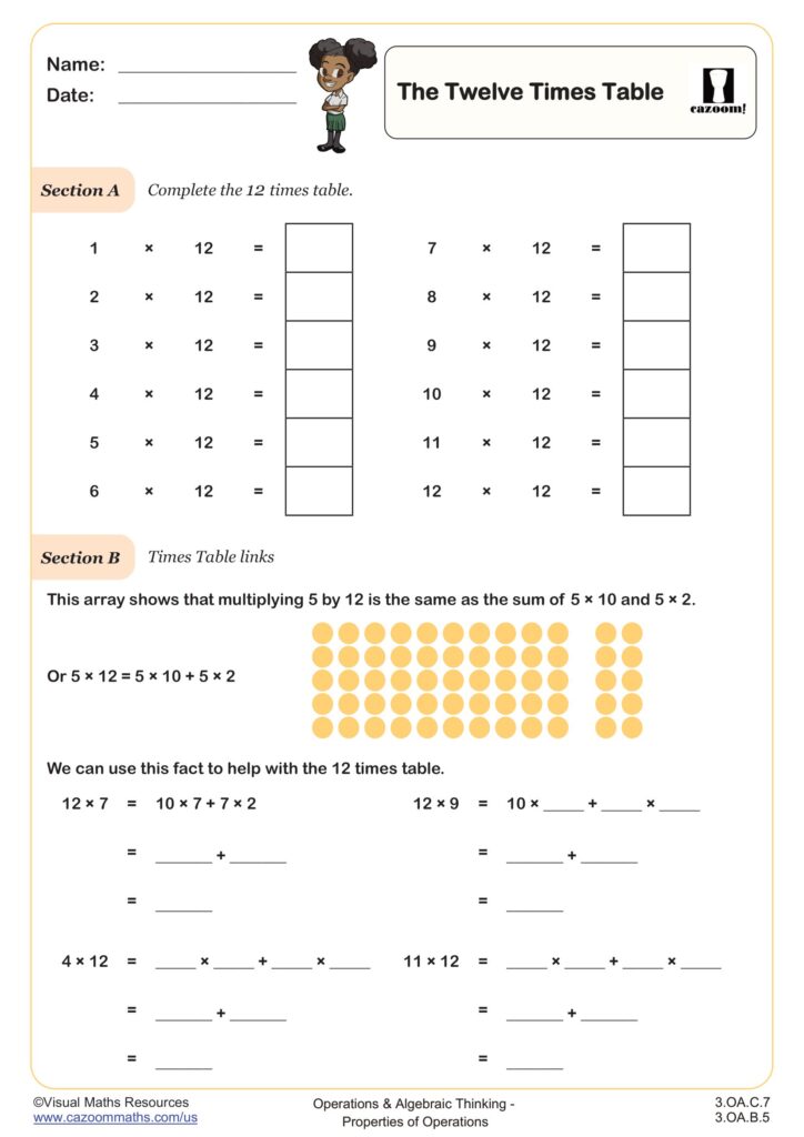 Math worksheet on the twelve times table with blanks, dots, and equations