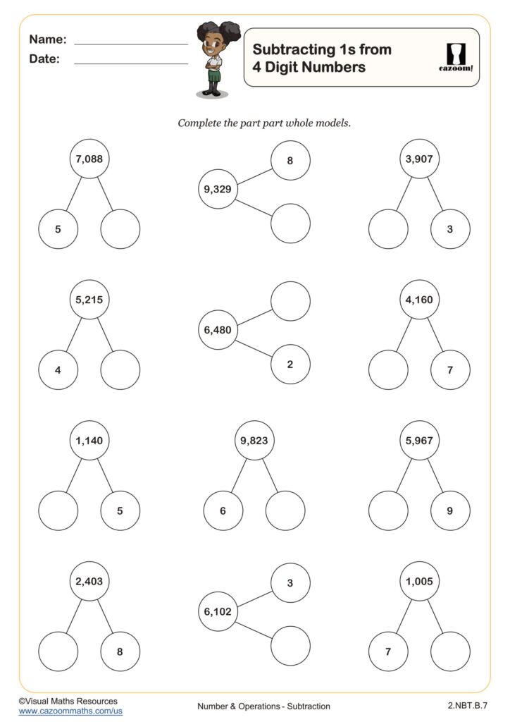 Math worksheet with subtraction part-part-whole diagrams to complete