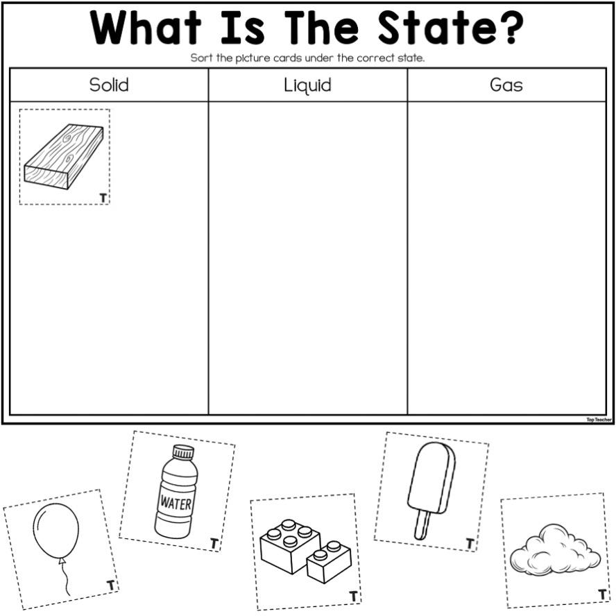 States of matter sorting worksheet with picture cards